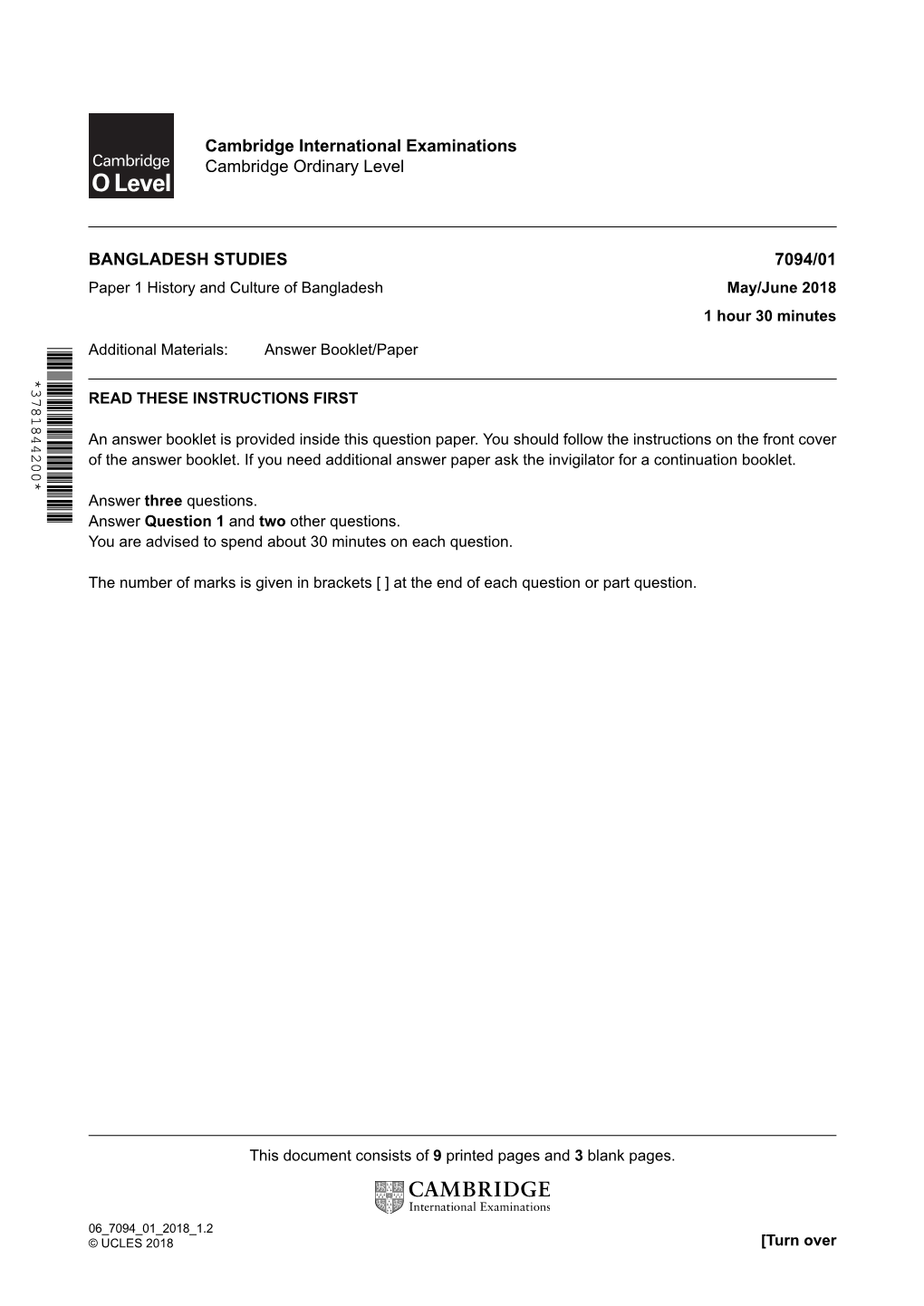 Cambridge International Examinations Cambridge Ordinary Level 7094