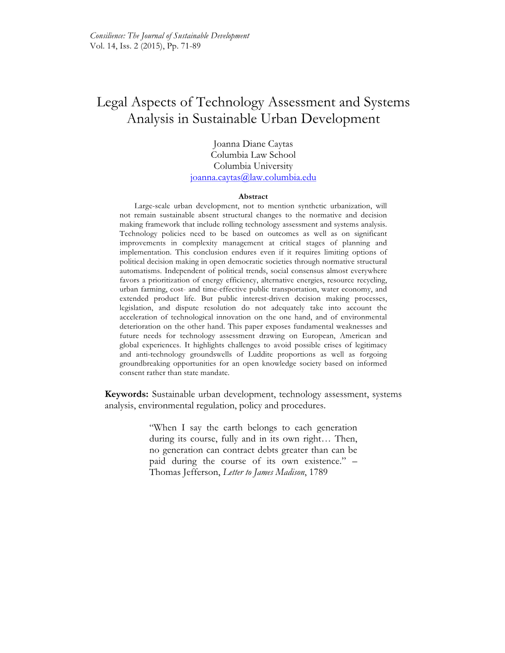 Legal Aspects of Technology Assessment and Systems Analysis in Sustainable Urban Development