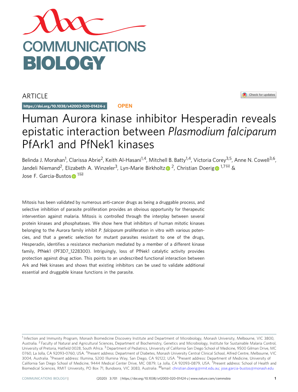 Human Aurora Kinase Inhibitor Hesperadin Reveals Epistatic Interaction Between Plasmodium Falciparum Pfark1 and Pfnek1 Kinases