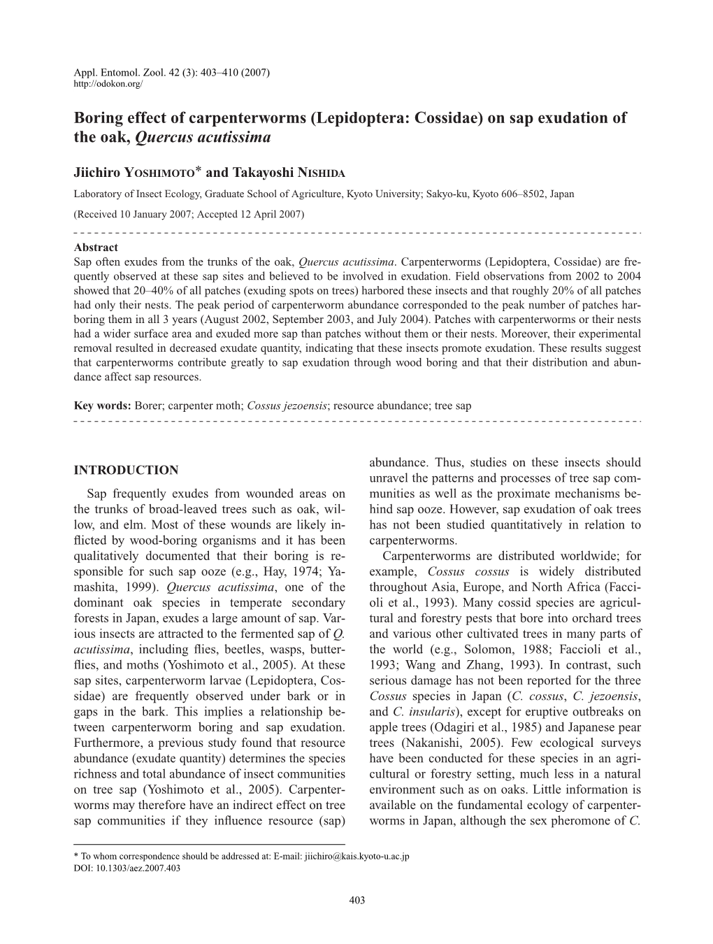 Boring Effect of Carpenterworms (Lepidoptera: Cossidae) on Sap Exudation of the Oak, Quercus Acutissima