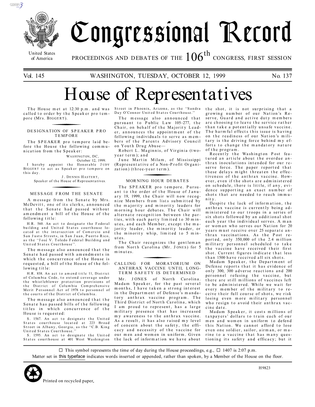 Congressional Record United States Th of America PROCEEDINGS and DEBATES of the 106 CONGRESS, FIRST SESSION