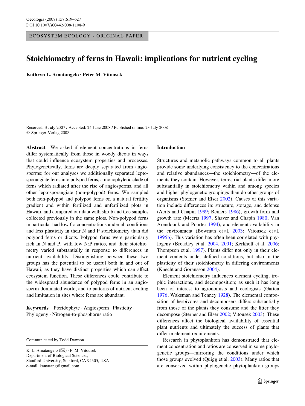 Stoichiometry of Ferns in Hawaii: Implications for Nutrient Cycling