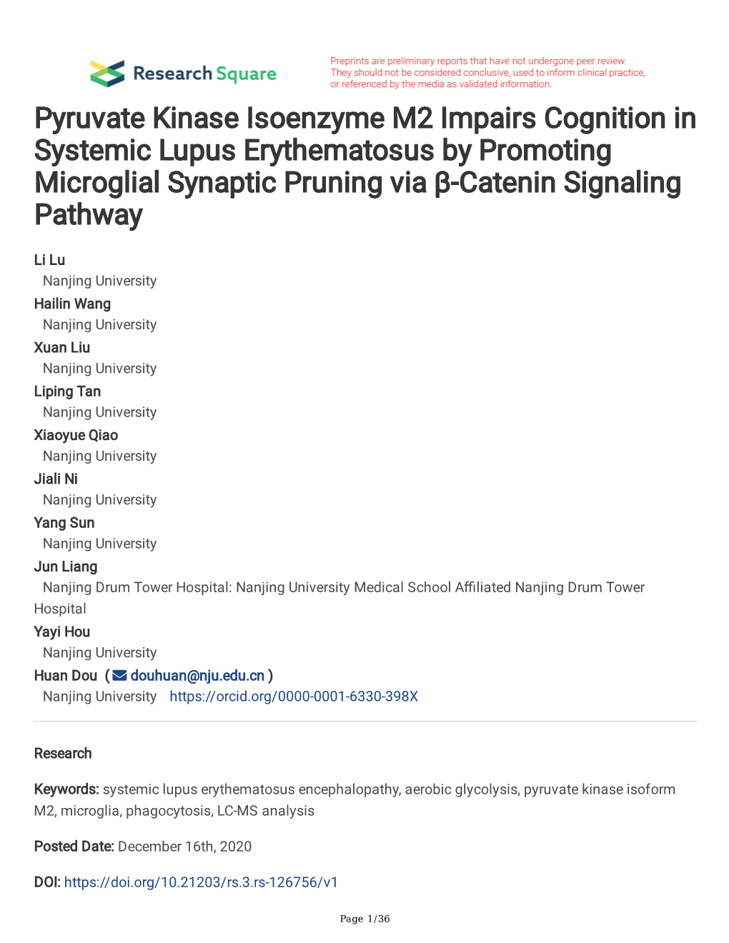 Pyruvate Kinase Isoenzyme M2 Impairs Cognition in Systemic Lupus Erythematosus by Promoting Microglial Synaptic Pruning Via Β-Catenin Signaling Pathway