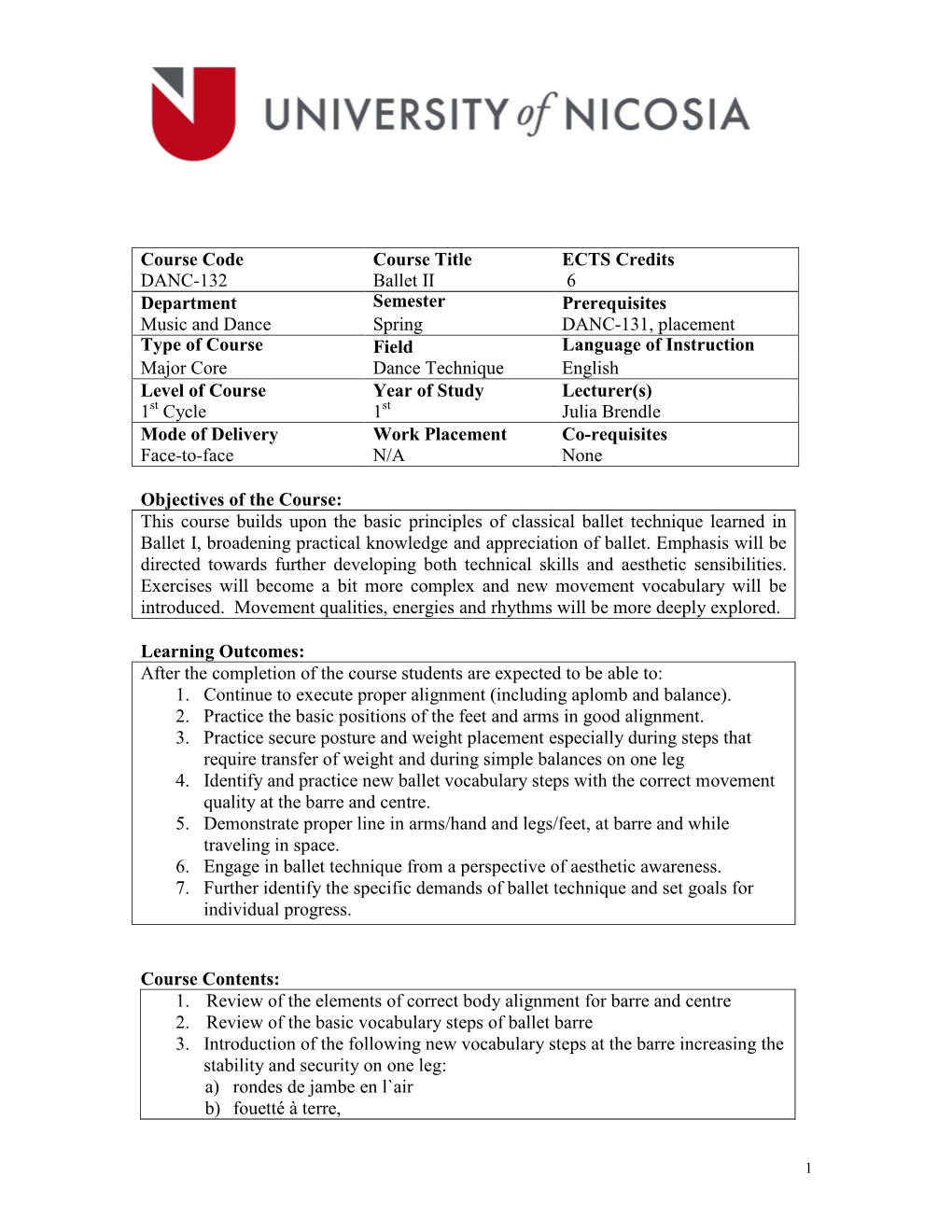 Ects Format of Course Syllabus