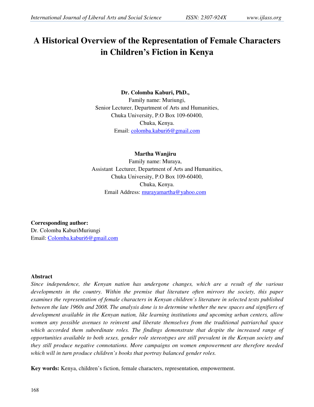 A Historical Overview of the Representation of Female Characters in Children’S Fiction in Kenya