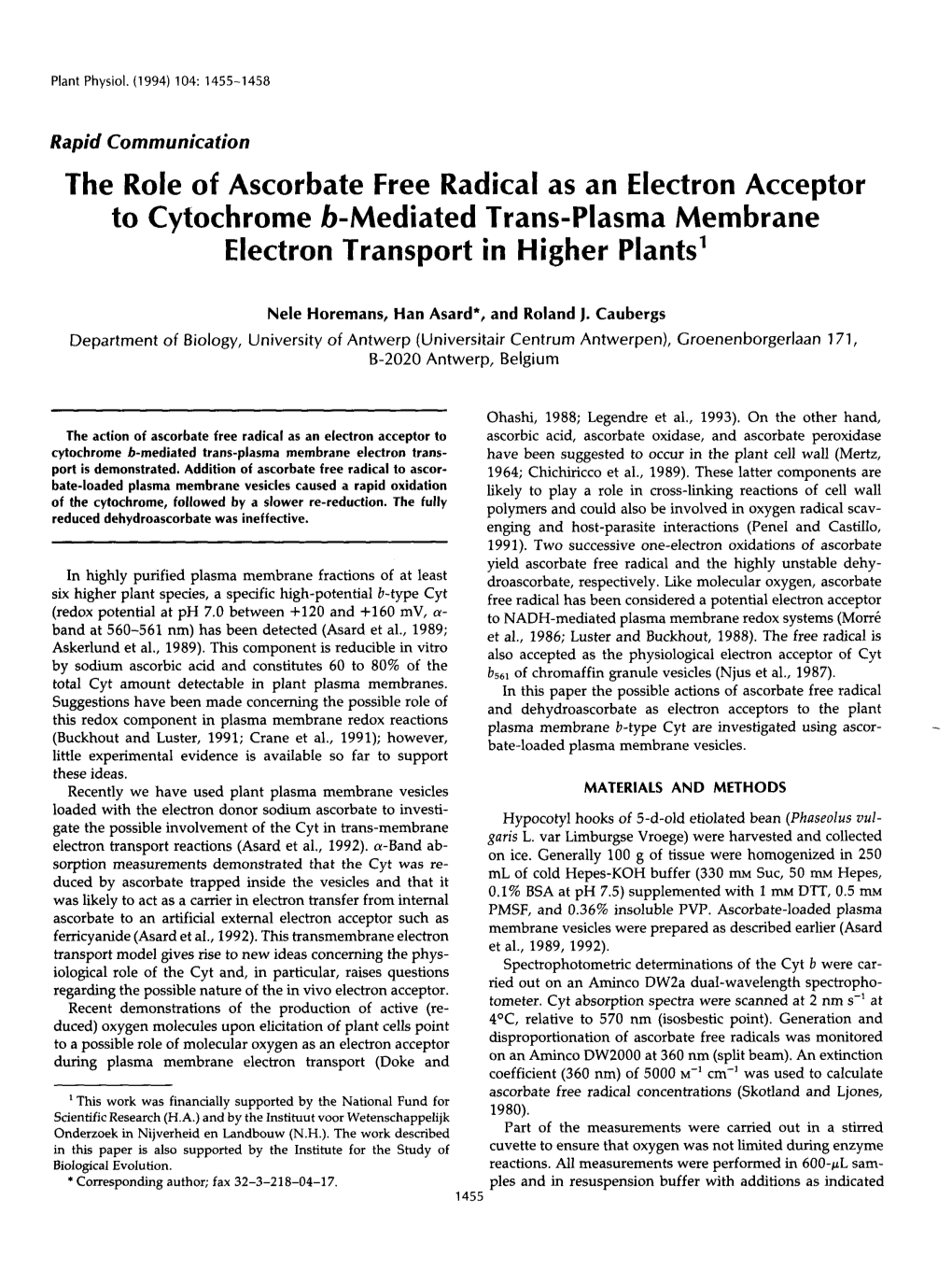 The Role of Ascorbate Free Radical As an Electron Acceptor to Cytochrome 6-Mediated Trans-Plasma Membrane Electron Transport in Higher Plants'