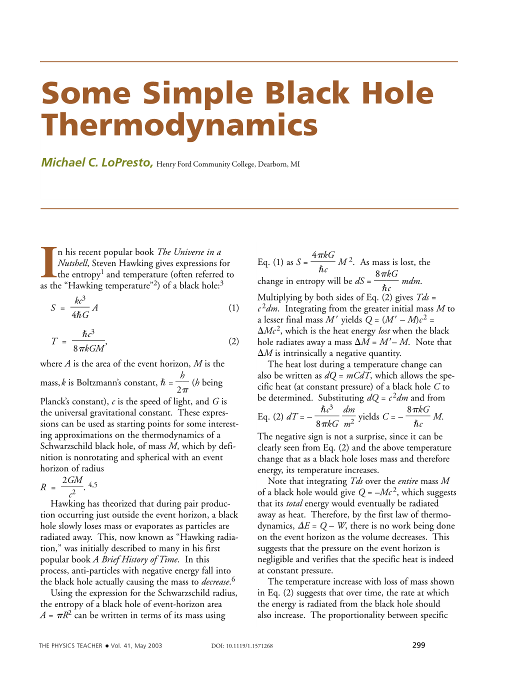 Some Simple Black Hole Thermodynamics