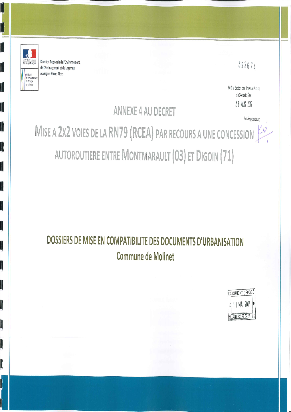 Molinet Mise À 2X2 Voies De La RCEA Par Recours À Une Concession Dossier D’Enquête Préalable À La Déclaration D’Utilité Publique Du Projet