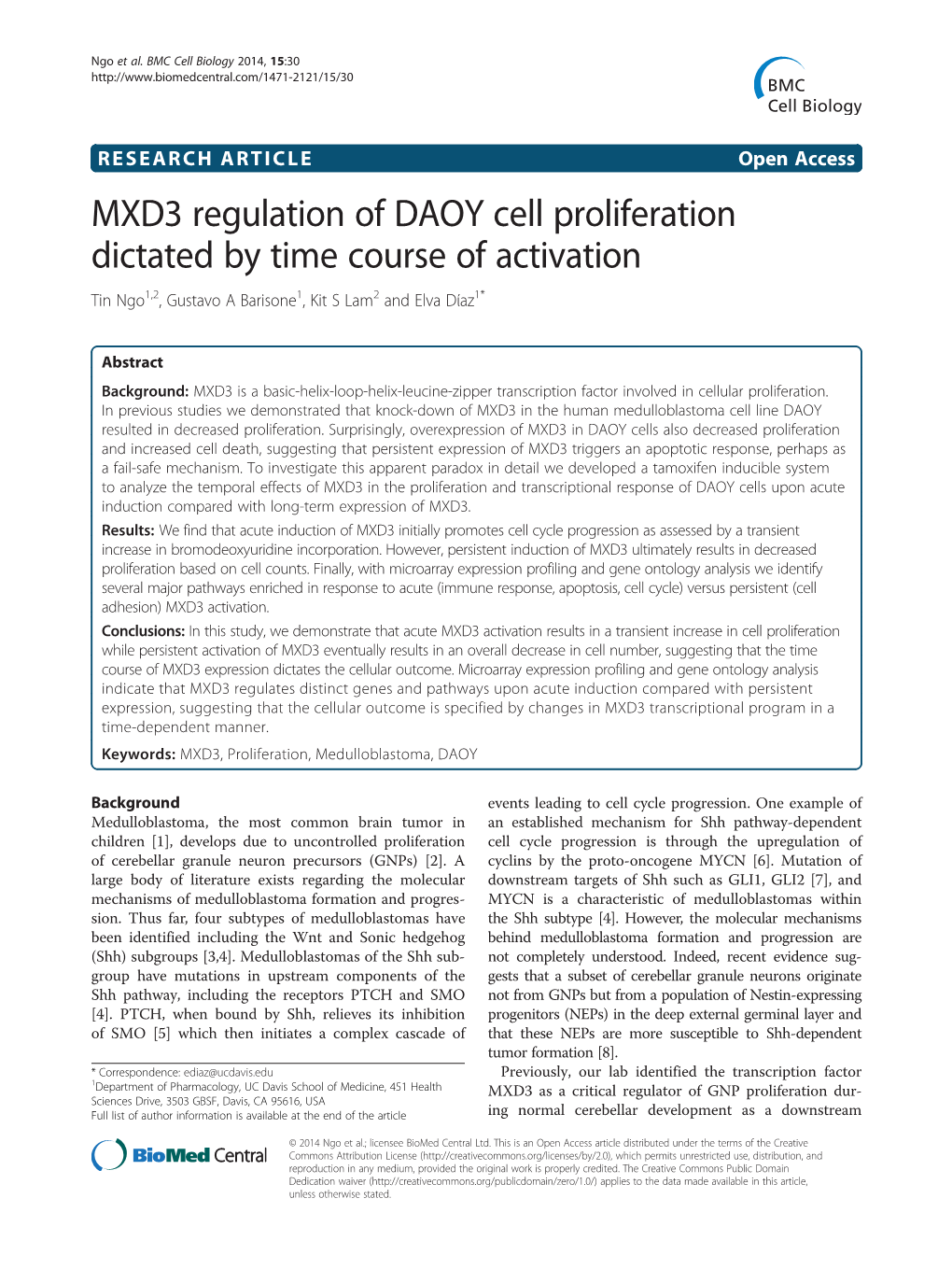 MXD3 Regulation of DAOY Cell Proliferation Dictated by Time Course of Activation Tin Ngo1,2, Gustavo a Barisone1, Kit S Lam2 and Elva Dίaz1*