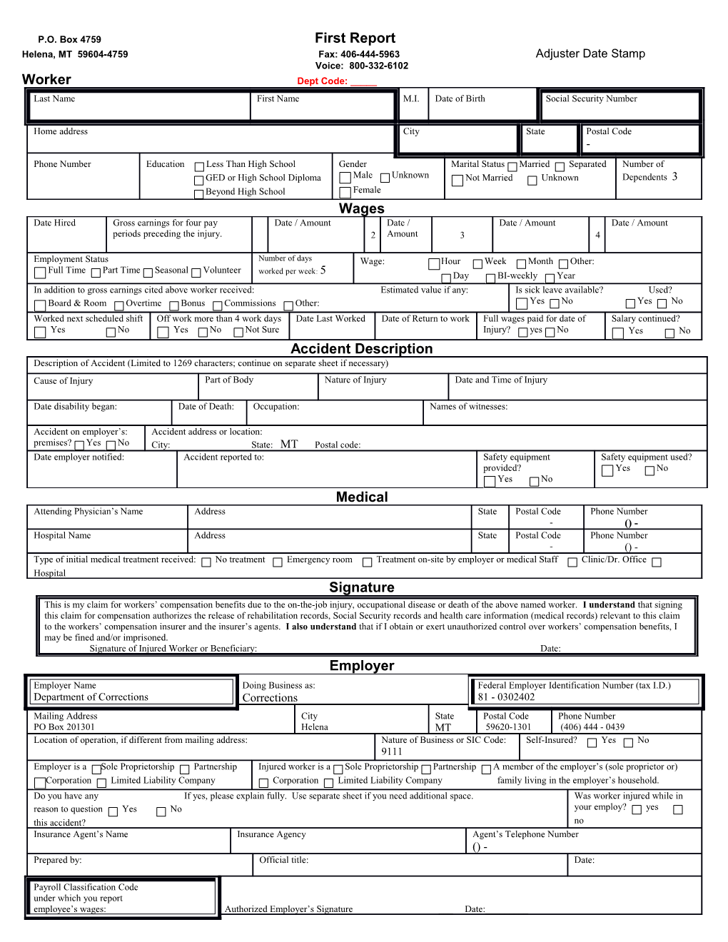 First Report of Injury Or Occupational Disease