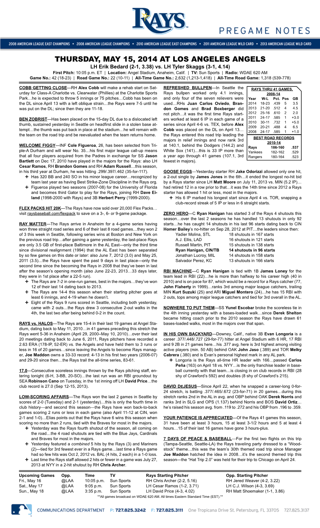 THURSDAY, MAY 15, 2014 at LOS ANGELES ANGELS LH Erik Bedard (2-1, 3.38) Vs