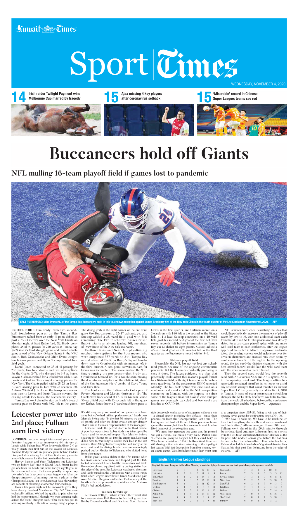 Buccaneers Hold Off Giants NFL Mulling 16-Team Playoff Field If Games Lost to Pandemic