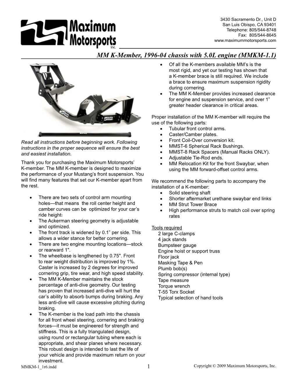 MM K-Member, 1996-04 Chassis with 5.0L Engine (MMKM-1.1)