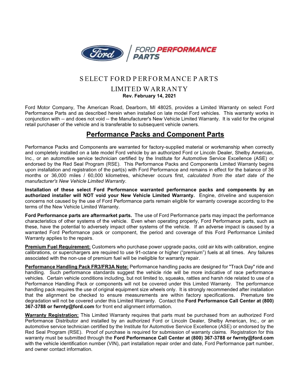 SELECT FORD PERFORMANCE PARTS LIMITED WARRANTY Rev