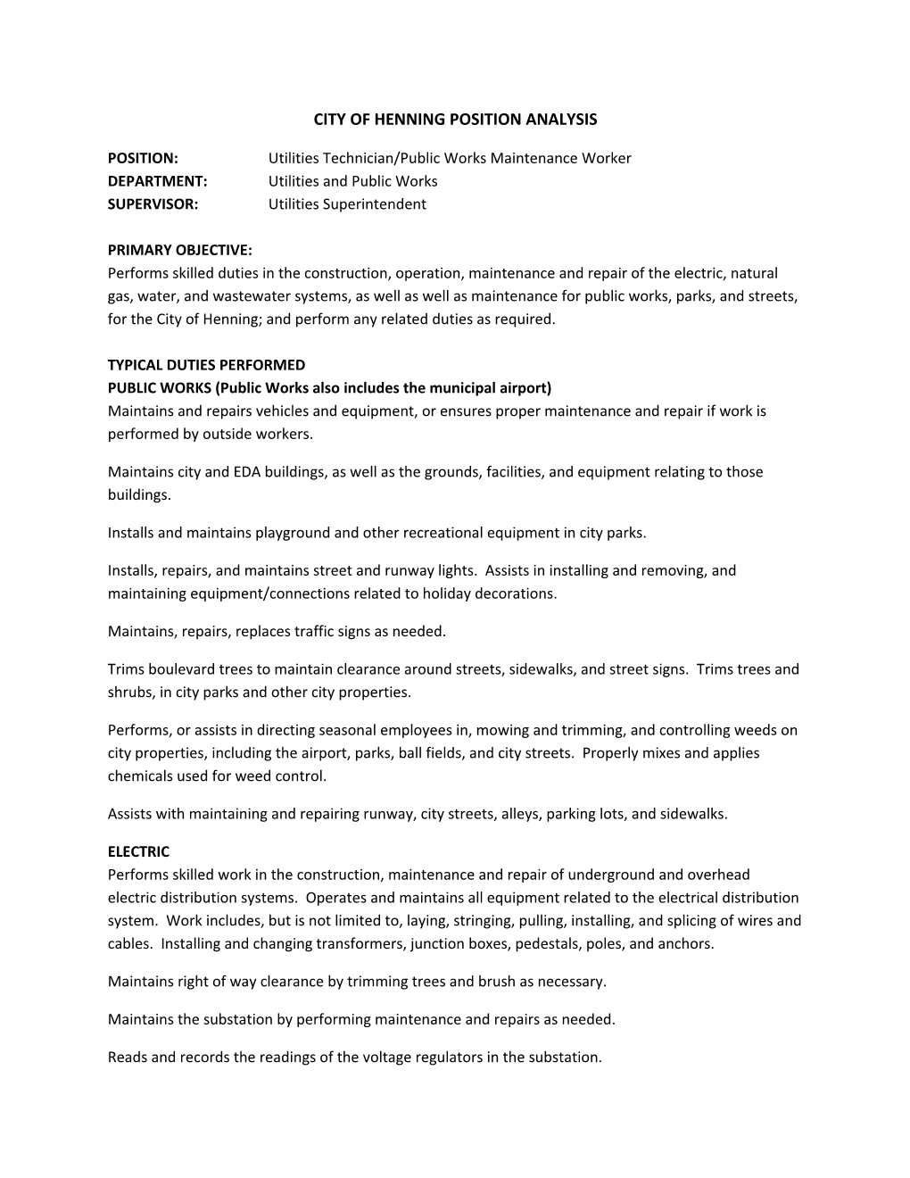 City of Henning Position Analysis