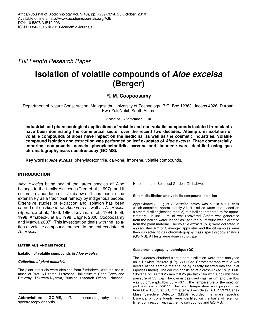 Isolation of Volatile Compounds of Aloe Excelsa (Berger)