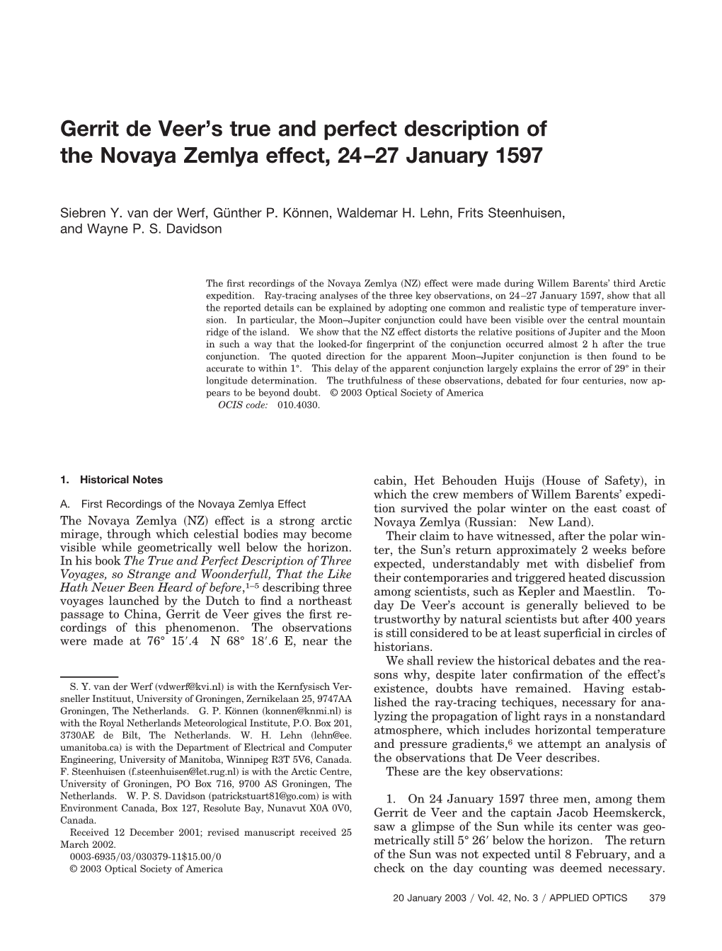 Gerrit De Veer™S True and Perfect Description of the Novaya Zemlya Effect, 24Œ27 January 1597
