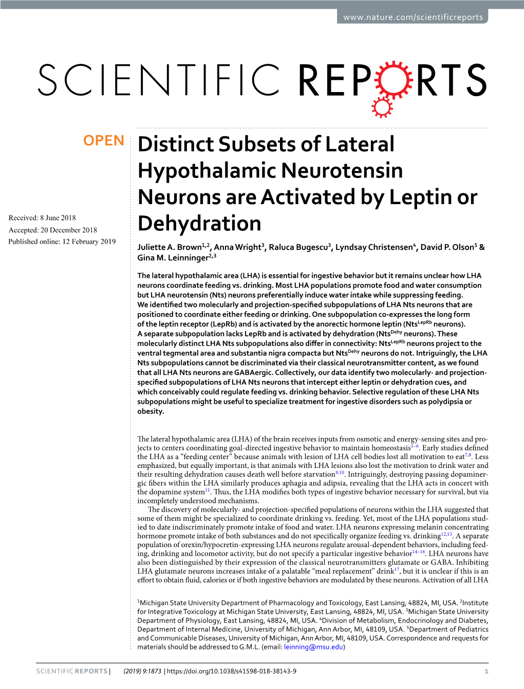 Distinct Subsets of Lateral Hypothalamic Neurotensin Neurons Are Activated by Leptin Or Dehydration