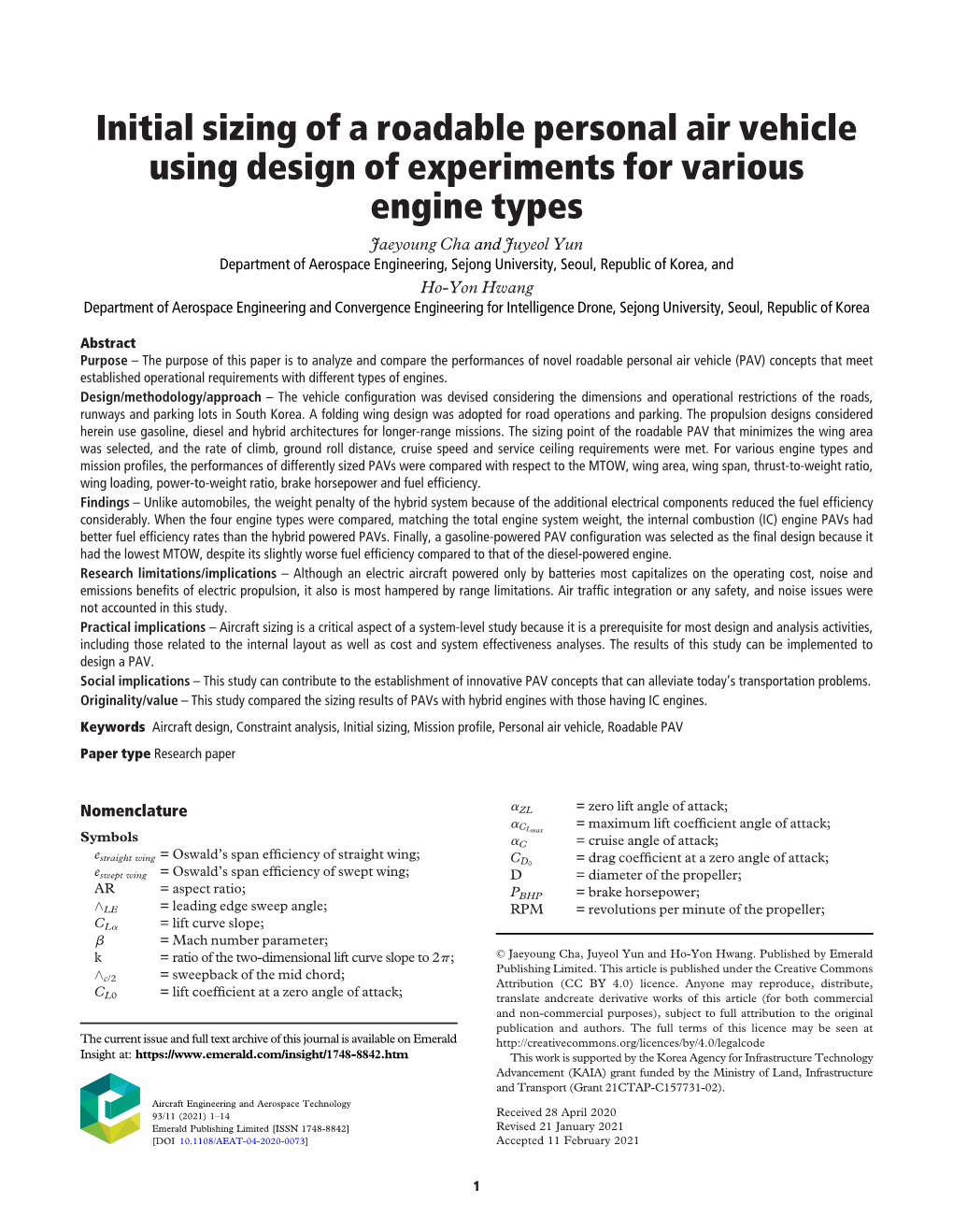 Initial Sizing of a Roadable Personal Air Vehicle Using Design Of