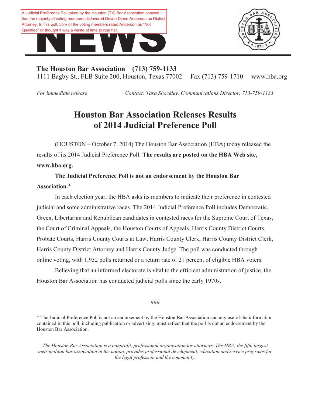 Houston Bar Association Releases Results of 2014 Judicial Preference Poll