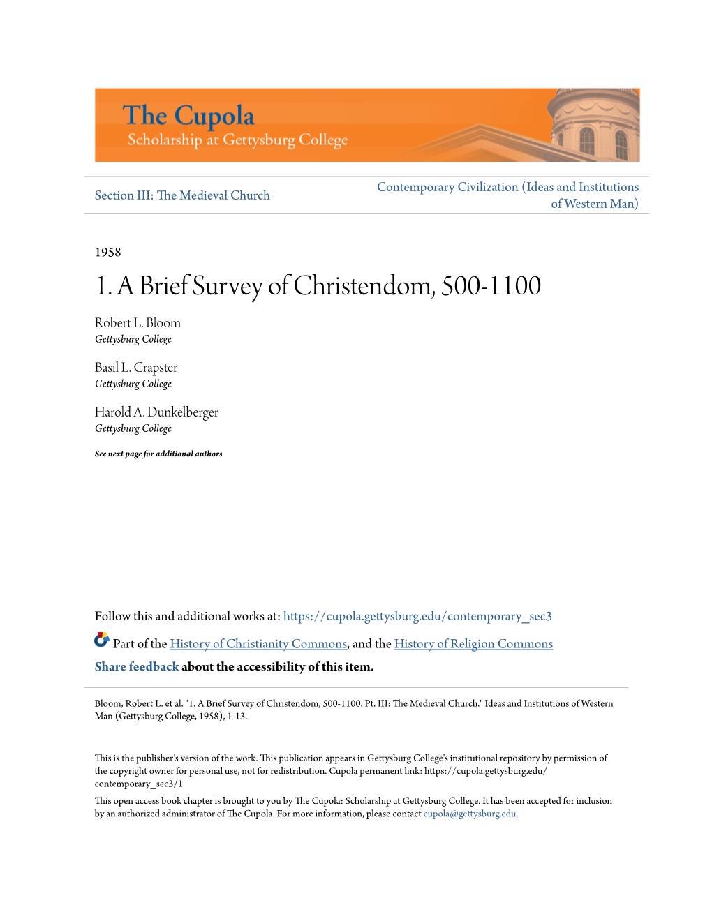 1. a Brief Survey of Christendom, 500-1100 Robert L