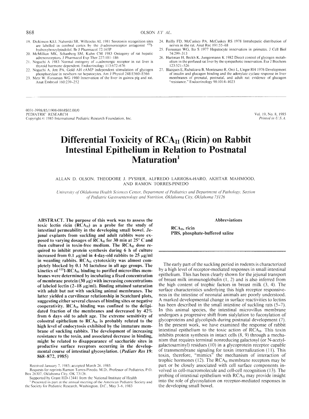 Differential Toxicity of Rcall (Ricin) on Rabbit Intestinal Epithelium in Relation to Postnatal Maturation'