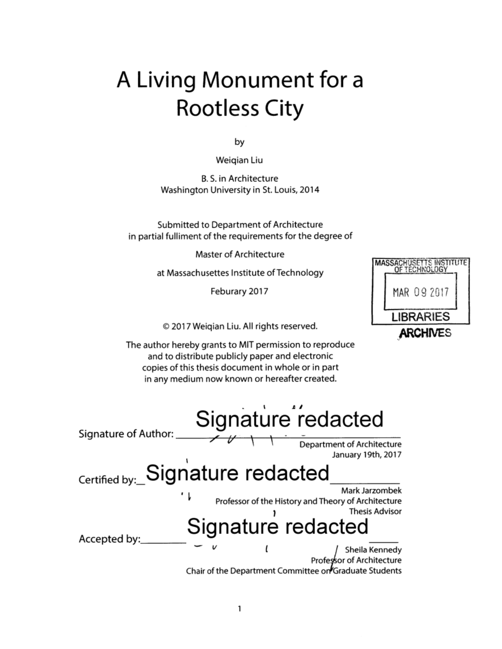 Signature Redacted Signature of Author: Department of Architecture January 19Th, 2017