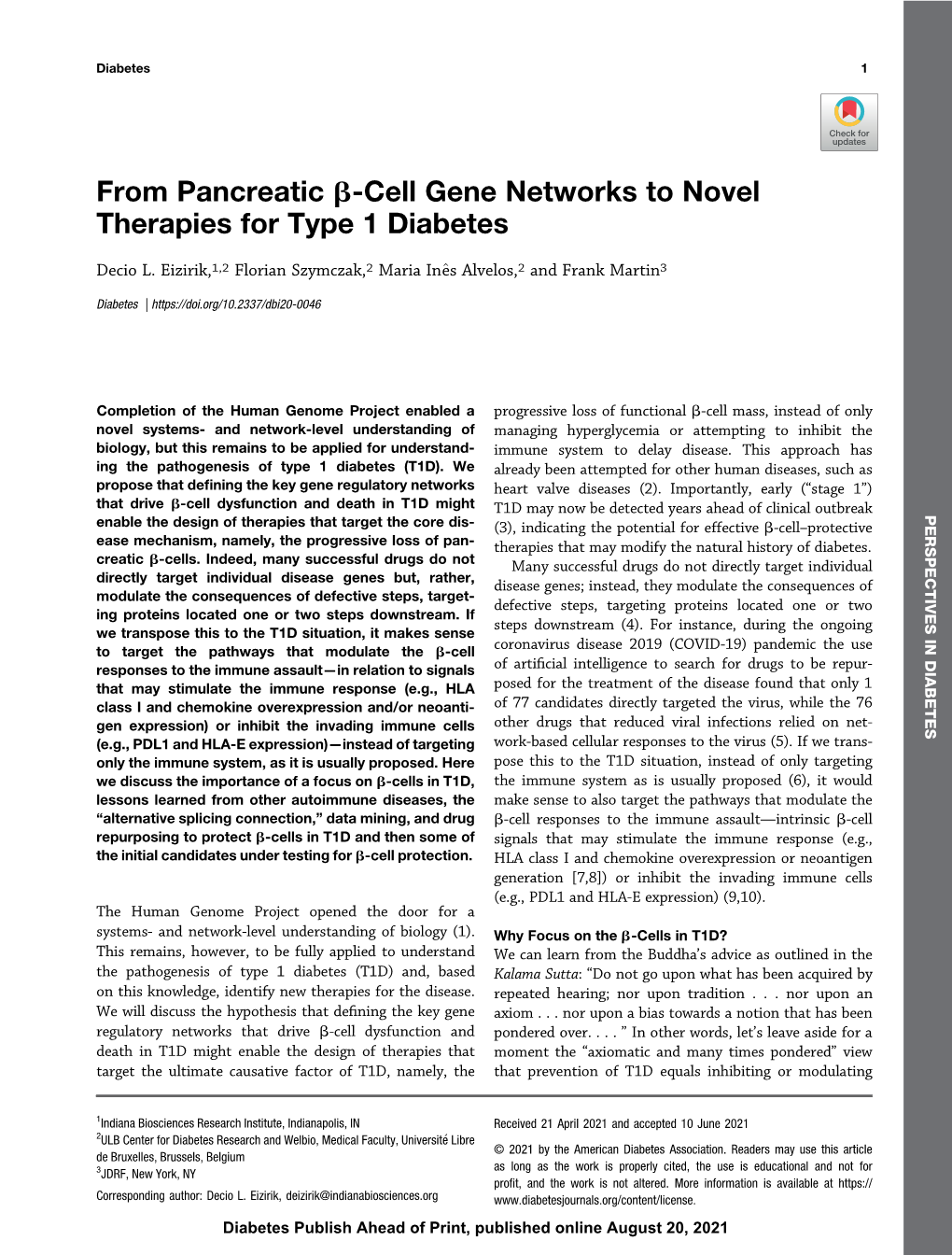 From Pancreatic B-Cell Gene Networks to Novel Therapies for Type 1 Diabetes