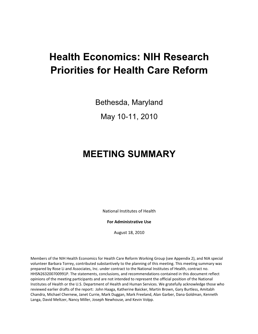 Health Economics: NIH Research Priorities for Health Care Reform