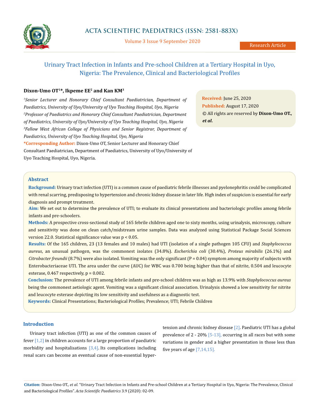 Urinary Tract Infection in Infants and Pre-School Children at a Tertiary Hospital in Uyo