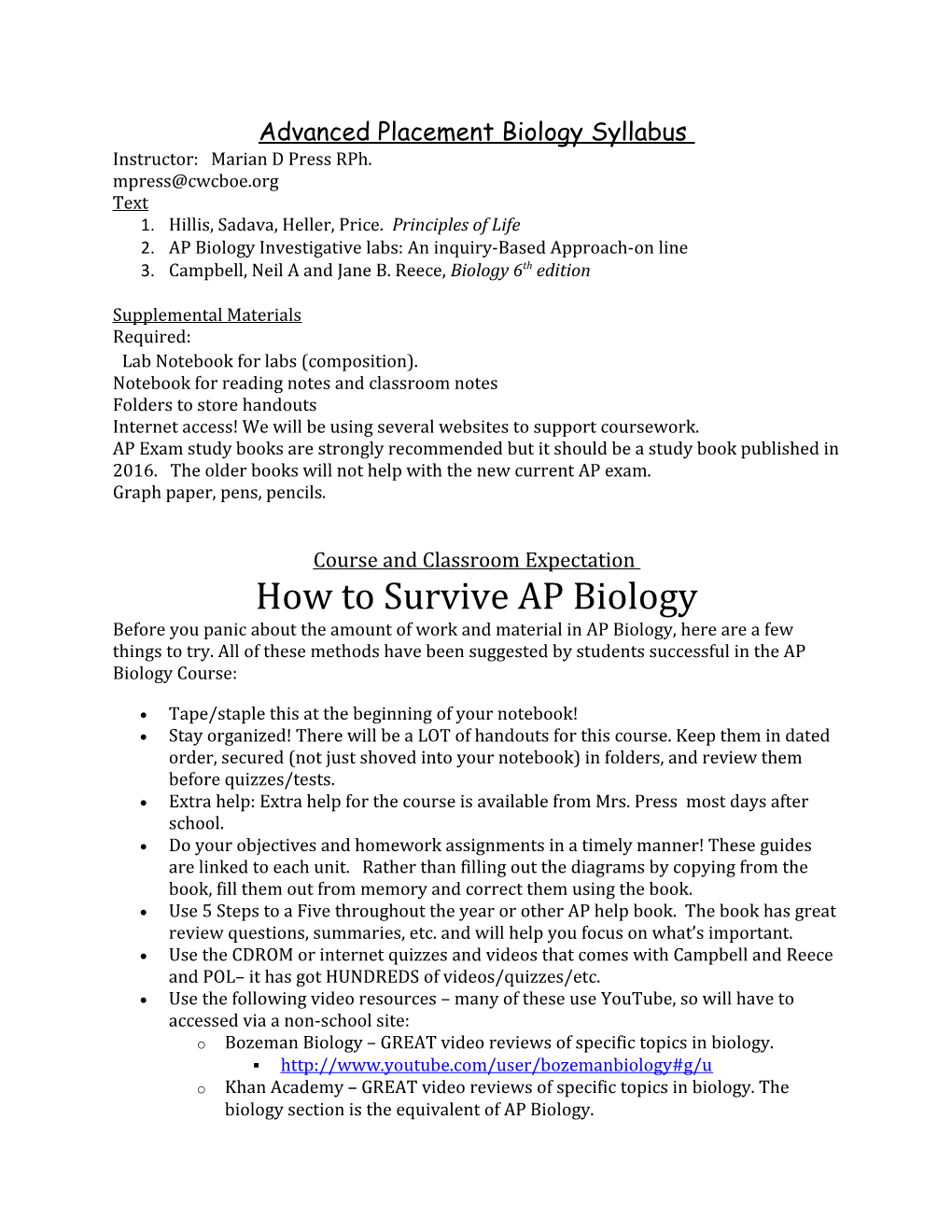 Advanced Placement Biology Syllabus