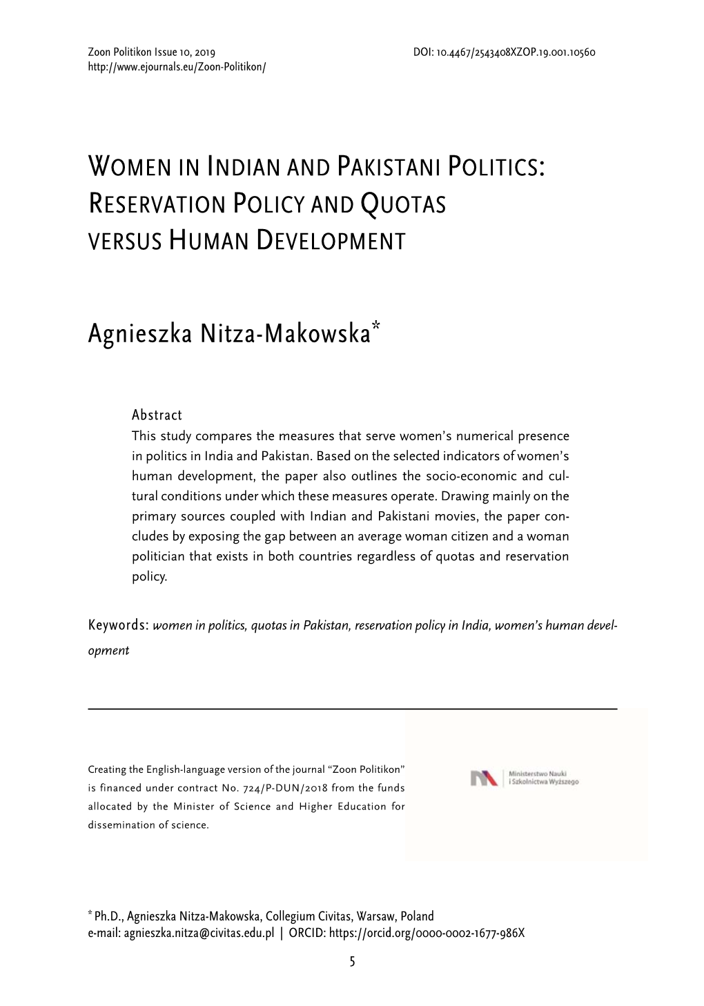 Women in Indian and Pakistani Politics: Reservation Policy and Quotas Versus Human Development