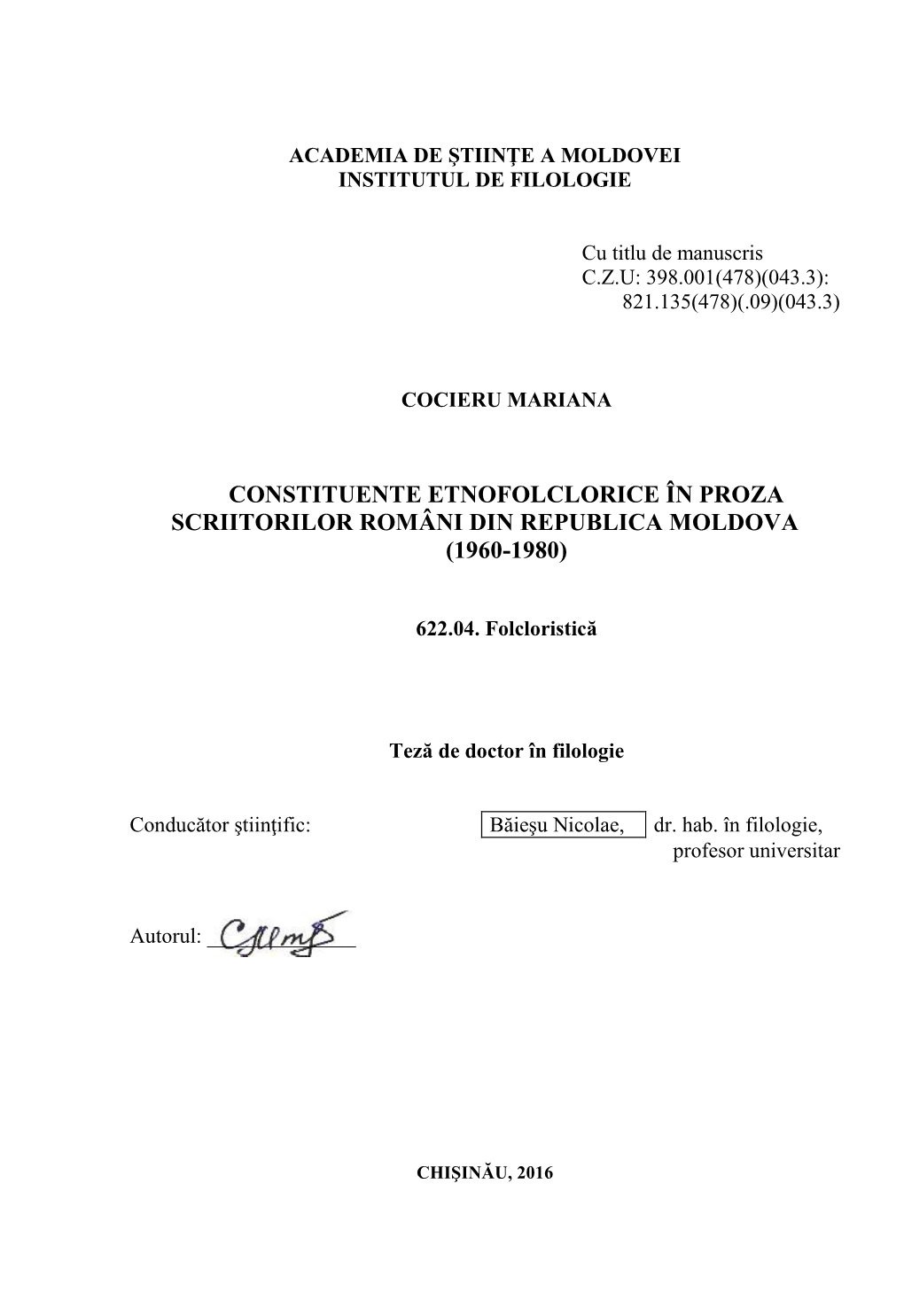 Constituente Etnofolclorice În Proza Scriitorilor Români Din Republica Moldova (1960-1980)