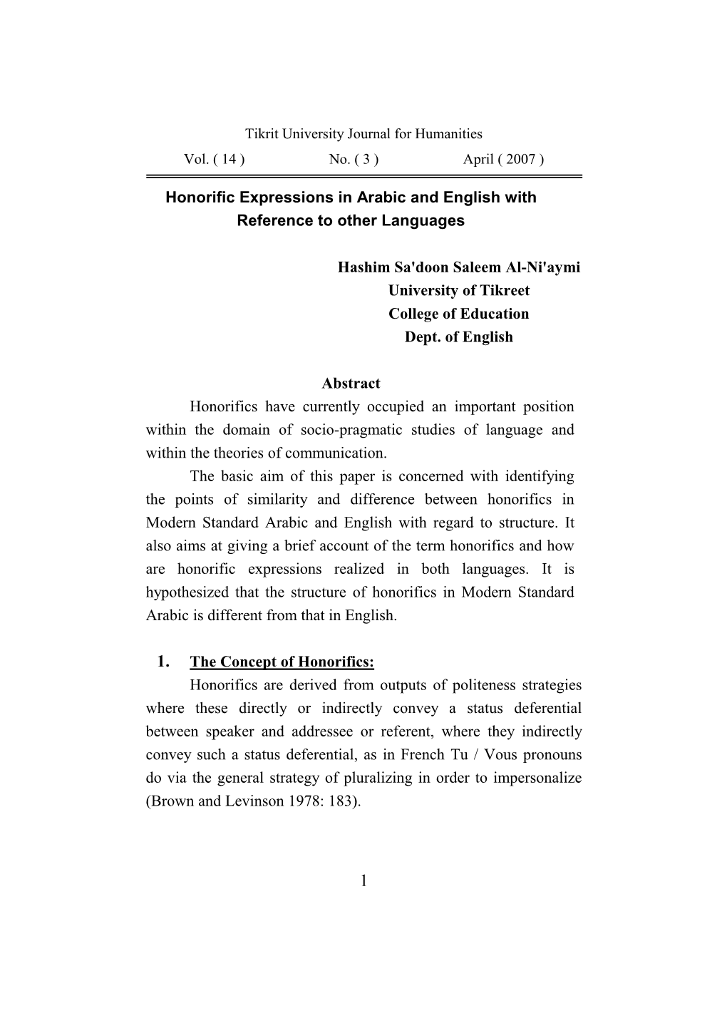 Honorific Expressions in Arabic and English with Reference to Other Languages