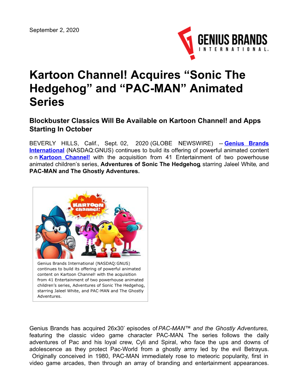 Kartoon Channel! Acquires “Sonic the Hedgehog” and “PAC-MAN” Animated Series