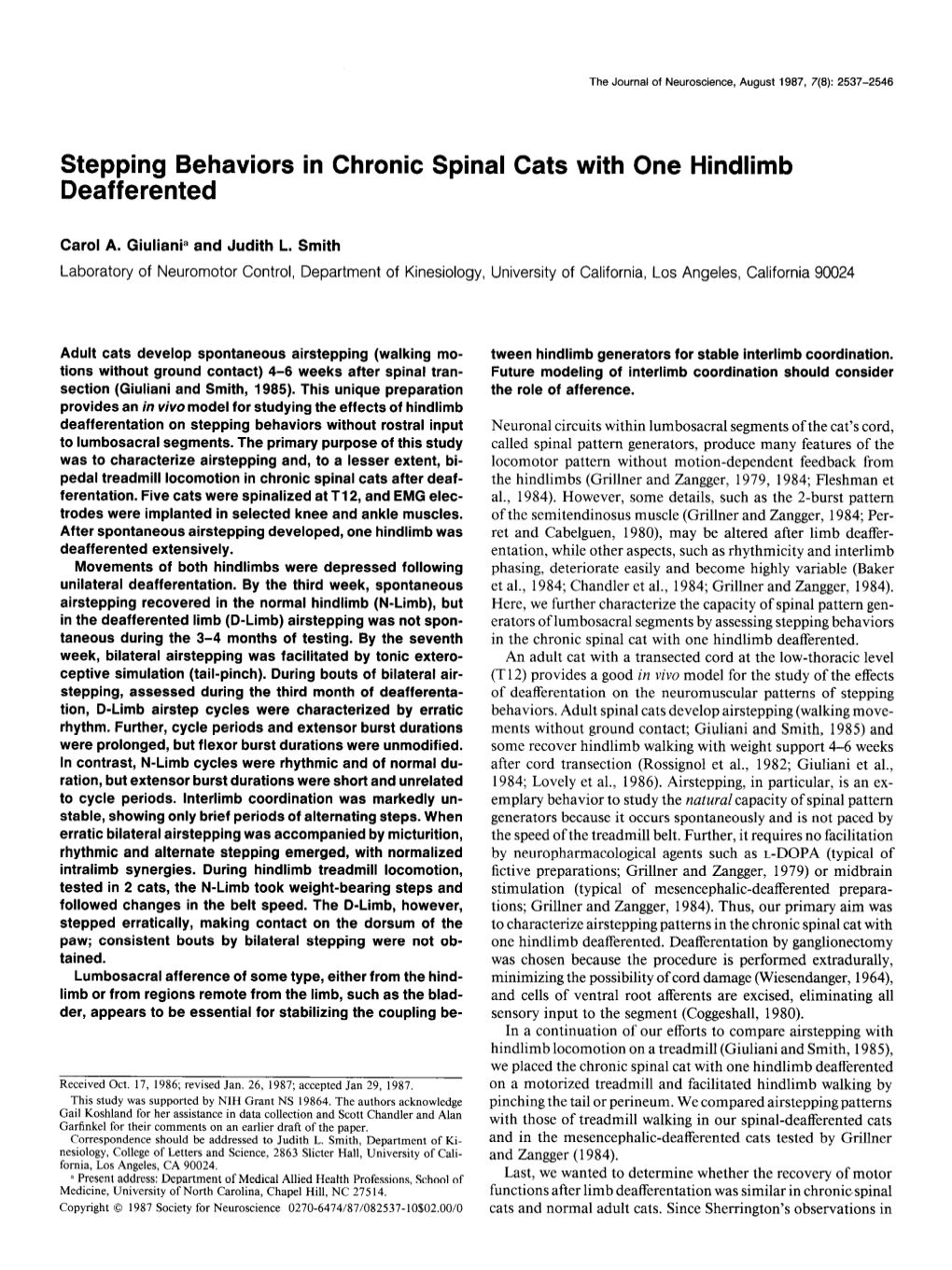 Stepping Behaviors in Chronic Spinal Cats with One Hindlimb Deafferented