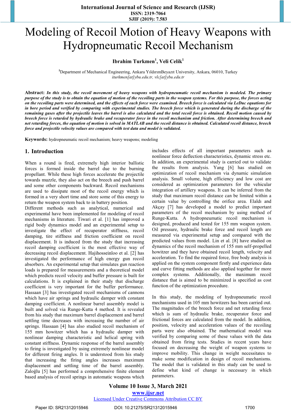 Modeling of Recoil Motion of Heavy Weapons with Hydropneumatic Recoil Mechanism