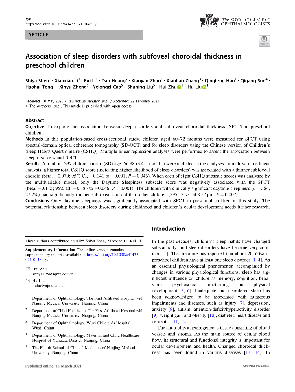 Association of Sleep Disorders with Subfoveal Choroidal Thickness in Preschool Children
