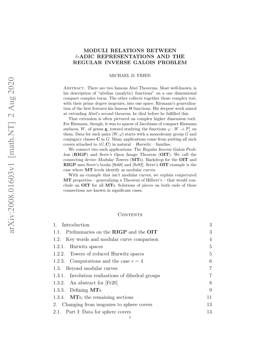 Moduli Relations Between L-Adic Representations and the Regular Inverse Galois Problem