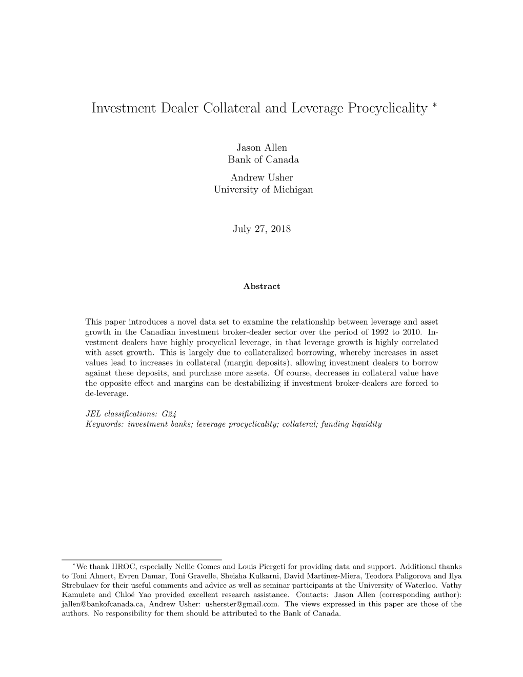 Investment Dealer Collateral and Leverage Procyclicality ∗