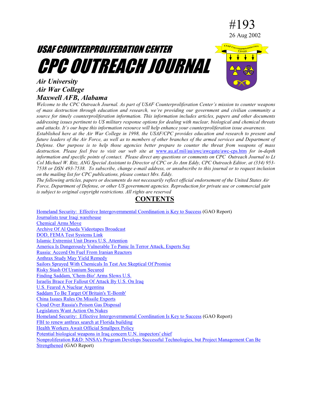 USAF Counterproliferation Center CPC Outreach Journal #193