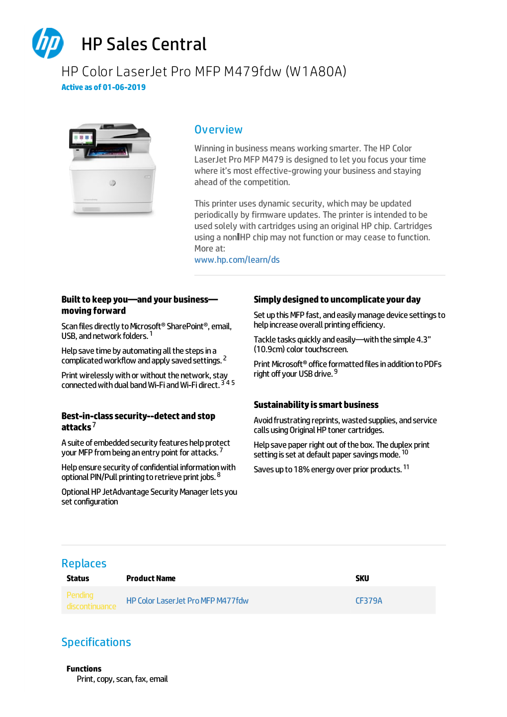 HP Sales Central HP Color Laserjet Pro MFP M479fdw (W1A80A) Active As of 01-06-2019