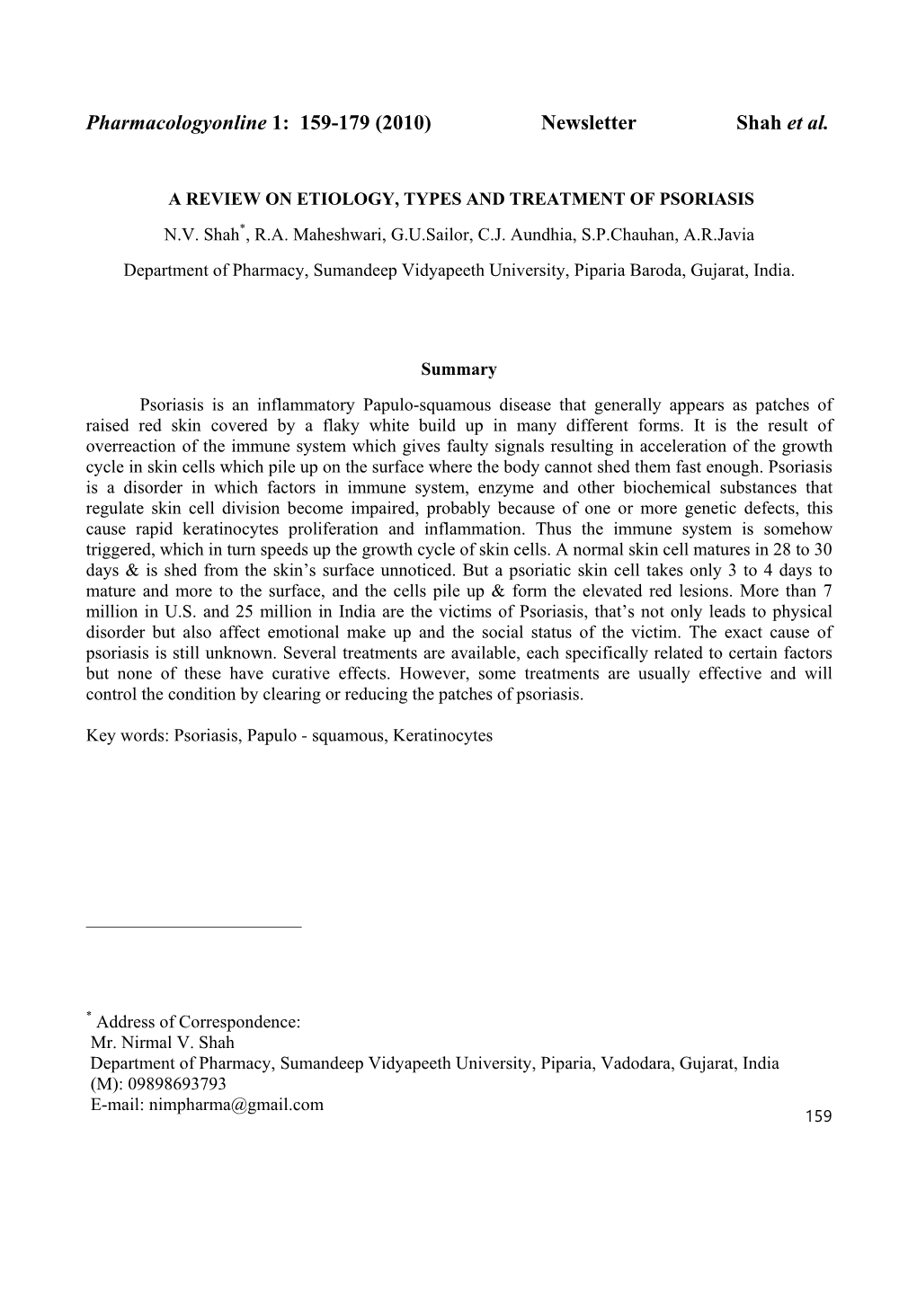 Pharmacologyonline 1: 159-179 (2010) Newsletter Shah Et Al