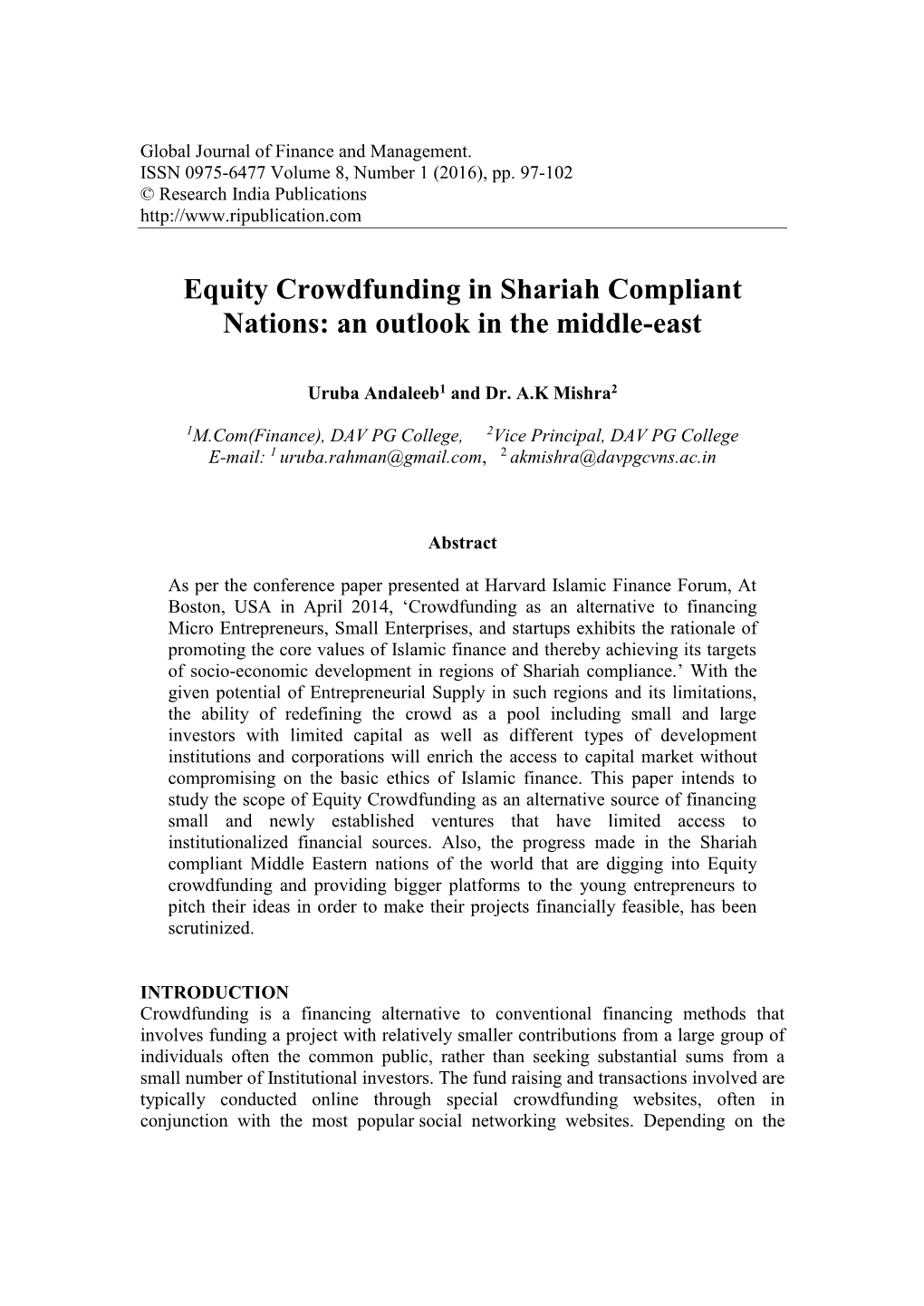 Equity Crowdfunding in Shariah Compliant Nations: an Outlook in the Middle-East