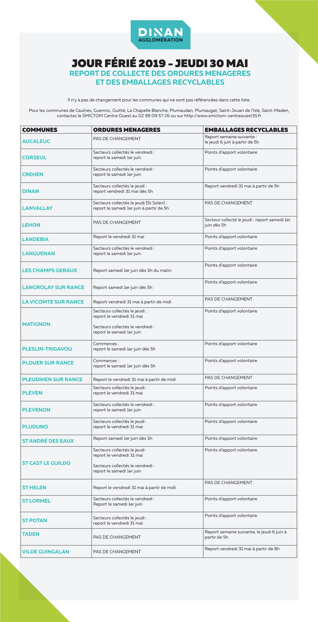 Jour Férié 2019 - Jeudi 30 Mai Report De Collecte Des Ordures Menageres Et Des Emballages Recyclables