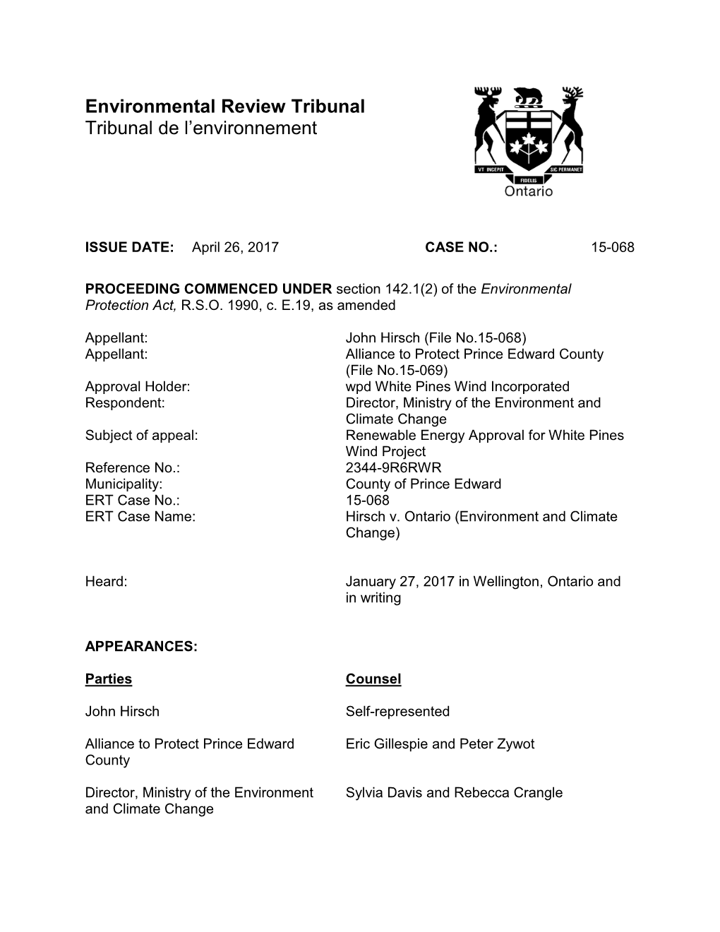 Case No. 15-068 Hirsch V. Ontario (Environment and Climate Change)