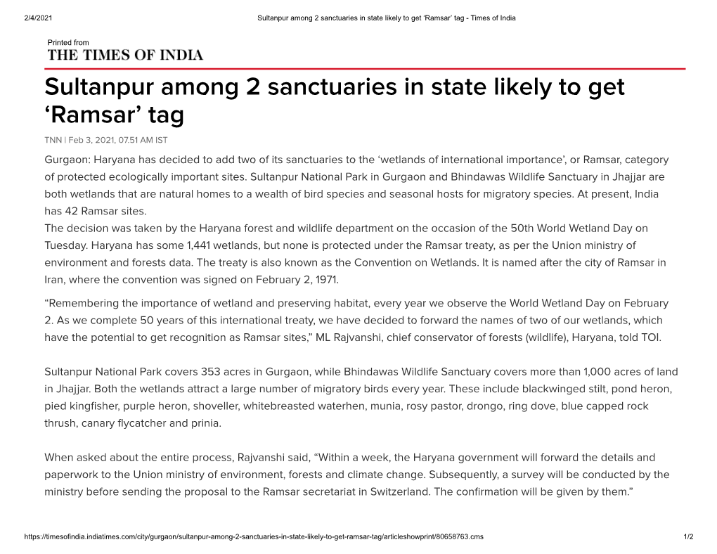 Sultanpur Among 2 Sanctuaries in State Likely to Get 'Ramsar'