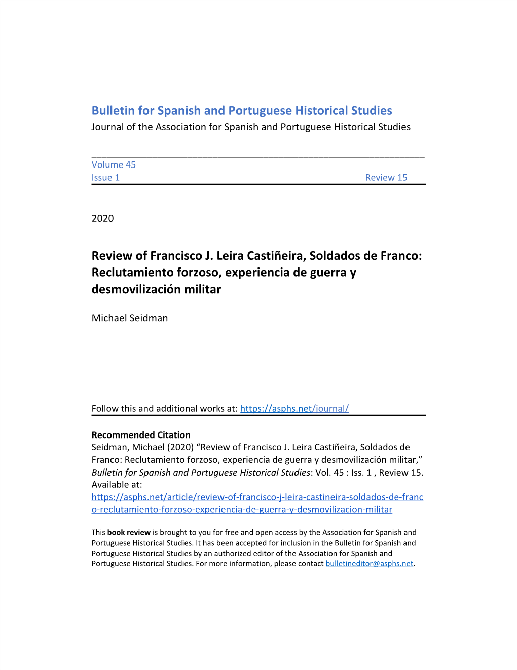 Bulletin for Spanish and Portuguese Historical Studies Review Of