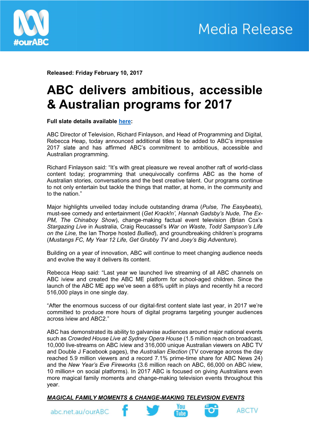 ABC Delivers Ambitious, Accessible & Australian Programs for 2017