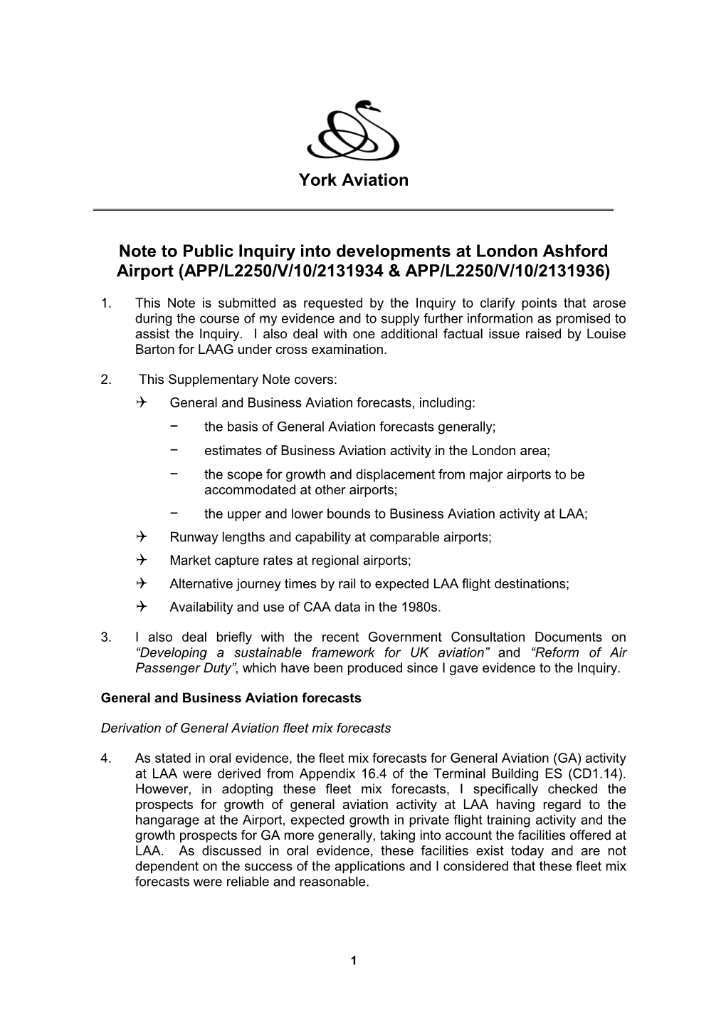 York Aviation Note to Public Inquiry Into Developments at London